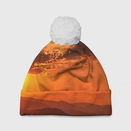 Шапка c помпоном Закат на перевале актопрак / 3D-Белый – фото 1
