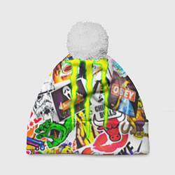 Шапка c помпоном Monster energy стикеры бренды