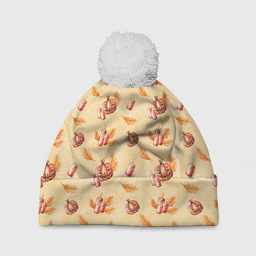 Шапка c помпоном Хеллоуин с тыквой и листьями / 3D-Белый – фото 1