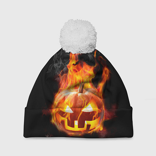 Шапка c помпоном Горящая тыква джек / 3D-Белый – фото 1