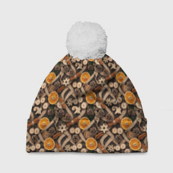 Шапка с помпоном Новогодний орнамент с корицей и дольками апельсина, цвет: 3D-белый