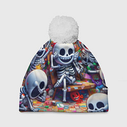 Шапка с помпоном Смеющиеся прикольные скелетики - нейроарт, цвет: 3D-белый