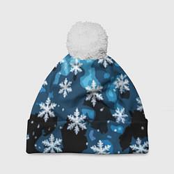 Шапка с помпоном Стилизованный паттерн со снежинками тёмно-синий, цвет: 3D-белый