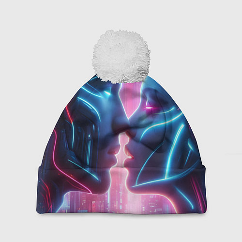 Шапка c помпоном Cyber love - metropolis neon glow / 3D-Белый – фото 1
