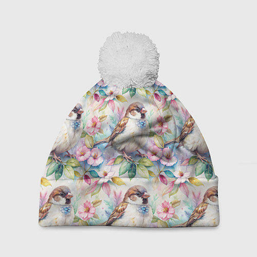 Шапка c помпоном Воробей в ярких цветах паттерн / 3D-Белый – фото 1