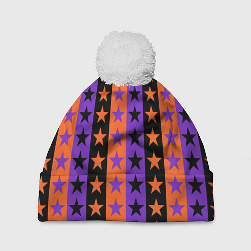 Шапка c помпоном Звёзды Хэллоуина паттерн полосатый / 3D-Белый – фото 1