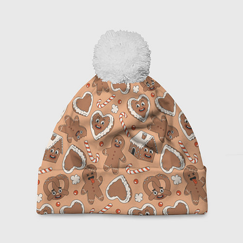 Шапка c помпоном Паттерн с новогодним печеньем / 3D-Белый – фото 1