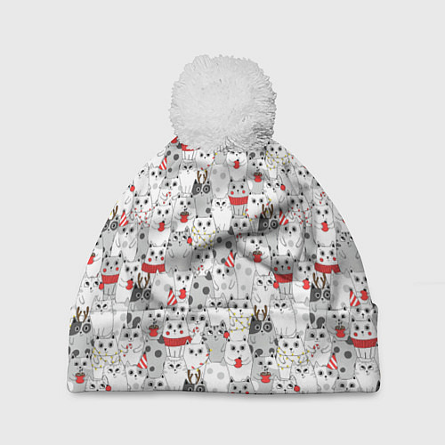 Шапка c помпоном Новогодние котики / 3D-Белый – фото 1