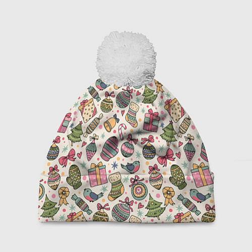 Шапка c помпоном Новогодний паттерн / 3D-Белый – фото 1