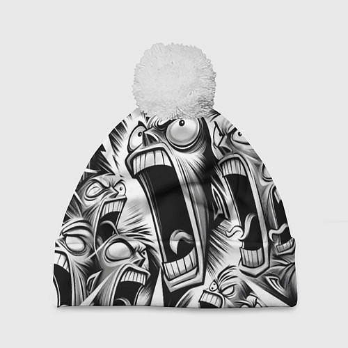 Шапка c помпоном Орущие рожицы и чёрные молнии - нейроарт / 3D-Белый – фото 1