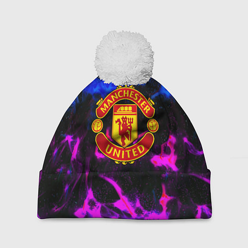 Шапка c помпоном Манчестер Юнайтед огонь неон / 3D-Белый – фото 1