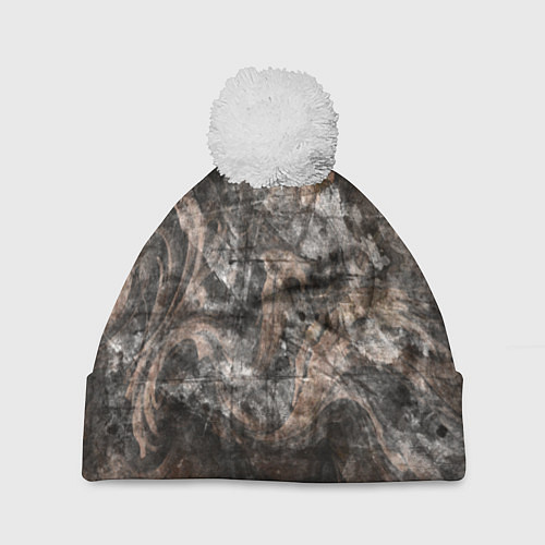Шапка c помпоном Абстракция - brown darkness / 3D-Белый – фото 1