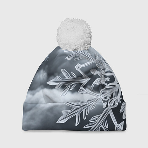 Шапка c помпоном Снежинка на черно белое / 3D-Белый – фото 1