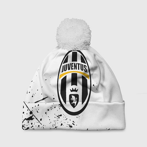 Шапка c помпоном Ювентус черные краски всплеск / 3D-Белый – фото 1