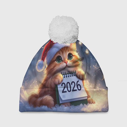 Шапка c помпоном Кот который ждет новый год / 3D-Белый – фото 1