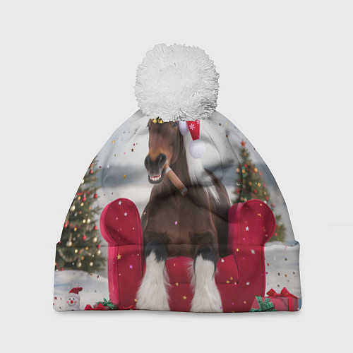 Шапка c помпоном Новогодний конь / 3D-Белый – фото 1