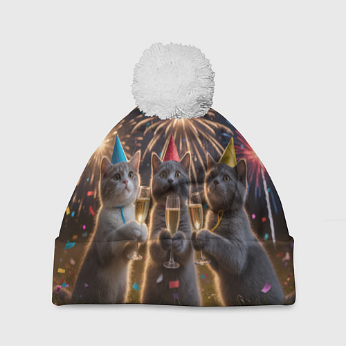 Шапка c помпоном Праздничные коты / 3D-Белый – фото 1