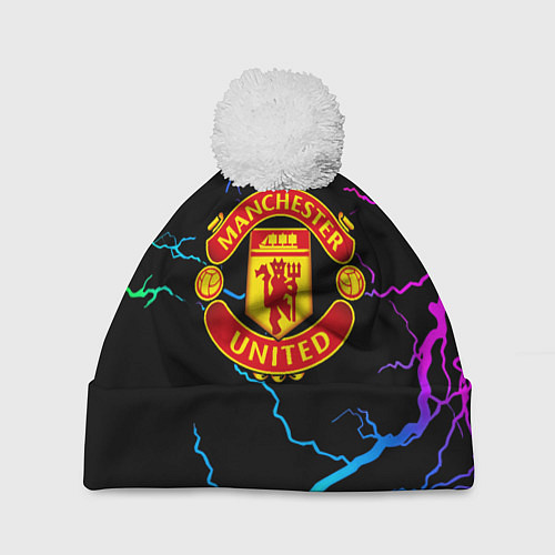 Шапка c помпоном Манчестер Юнайтед неоновые молнии / 3D-Белый – фото 1
