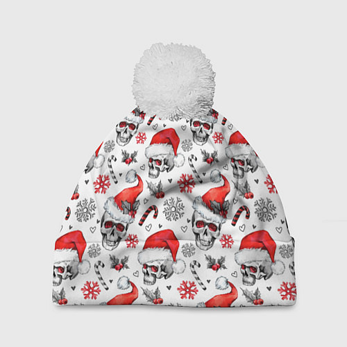 Шапка c помпоном Новогодние черепа / 3D-Белый – фото 1