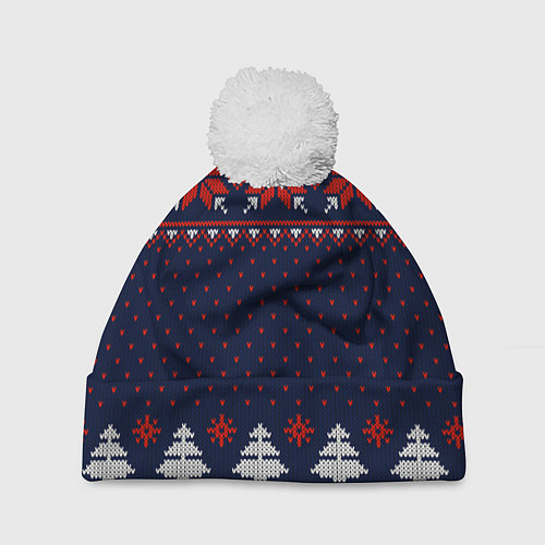 Шапка c помпоном Новогодний вязаный узор / 3D-Белый – фото 1