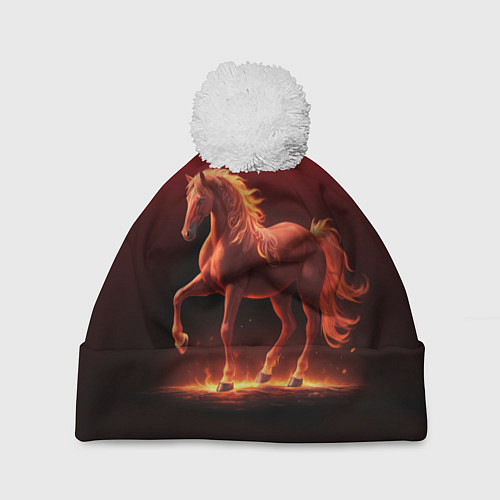 Шапка c помпоном Узор с конем огнем / 3D-Белый – фото 1