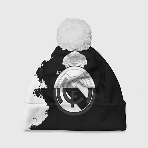 Шапка c помпоном Реал Мадрид черно белые краски / 3D-Белый – фото 1