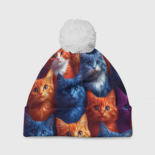 Шапка c помпоном Разноцветные котики паттерн / 3D-Белый – фото 1