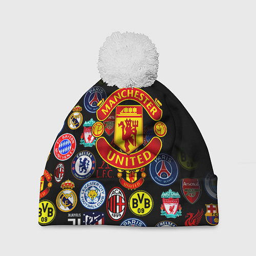 Шапка c помпоном Манчестер логотипы команд / 3D-Белый – фото 1
