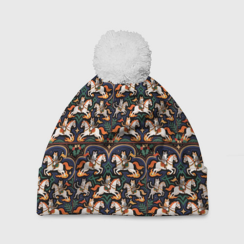 Шапка c помпоном Новогодние коты всадники на лошади / 3D-Белый – фото 1