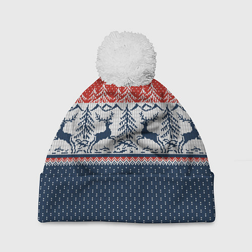 Шапка c помпоном Вязаный узор с оленями / 3D-Белый – фото 1