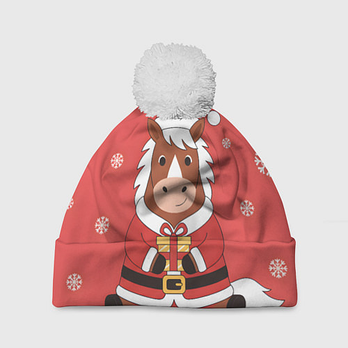 Шапка c помпоном Новогодняя лошадка с подарком / 3D-Белый – фото 1