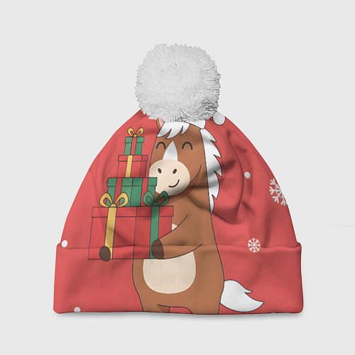 Шапка c помпоном Новогодняя лошадка с подарками / 3D-Белый – фото 1