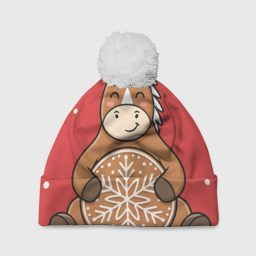 Шапка c помпоном Новогодняя лошадка с печенькой / 3D-Белый – фото 1