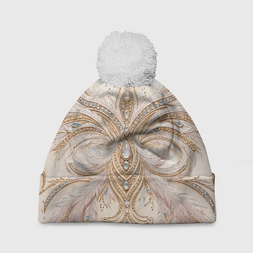 Шапка c помпоном Перламутровый орнамент с перьями / 3D-Белый – фото 1