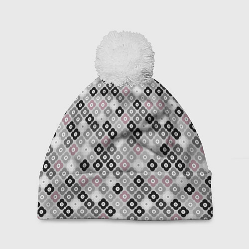 Шапка c помпоном Цветочный серо-розовый узор ретро / 3D-Белый – фото 1