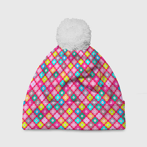 Шапка c помпоном Разноцветный цветочный узор ретро / 3D-Белый – фото 1