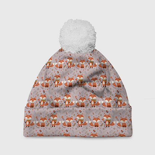 Шапка c помпоном Лиса с цветами и листьями паттерн / 3D-Белый – фото 1