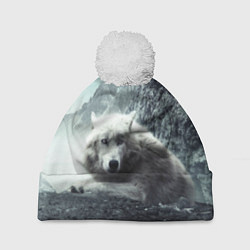 Шапка с помпоном Волк в горах, цвет: 3D-белый