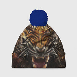 Шапка с помпоном Злобный тигр, цвет: 3D-тёмно-синий