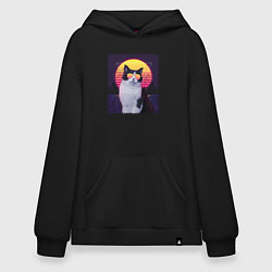 Толстовка-худи оверсайз Synthwave cat, цвет: черный