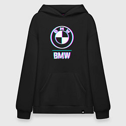 Толстовка-худи оверсайз Значок BMW в стиле glitch, цвет: черный