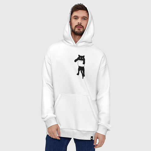 Худи оверсайз Черный котик в кармане / Белый – фото 4