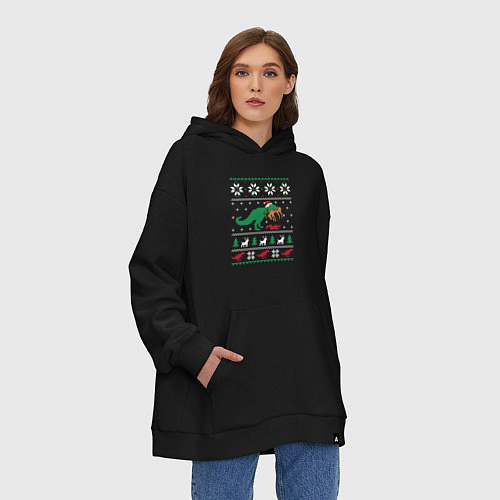 Худи оверсайз Новогодний тирекс - ugly sweater / Черный – фото 3