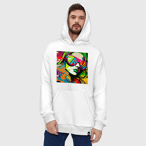 Худи оверсайз Женское лицо в солнцезащитных очках, граффити поп / Белый – фото 4