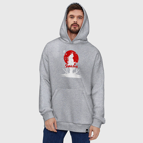 Худи оверсайз Белый самурай, катаны и красное солнце / Меланж – фото 4