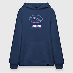 Толстовка-худи оверсайз Значок Jaguar в стиле glitch, цвет: тёмно-синий