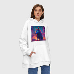 Толстовка-худи оверсайз Волк в неоновом киберпанк-городе, цвет: белый — фото 2