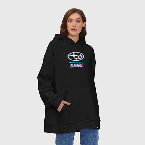 Худи оверсайз Значок Subaru в стиле glitch / Черный – фото 3