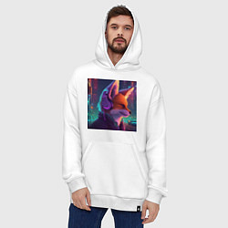 Толстовка-худи оверсайз Лис в наушниках на фоне киберпанк-города, цвет: белый — фото 2