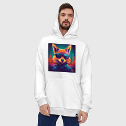 Толстовка-худи оверсайз Антропоморфный лис в очках на фоне города, цвет: белый — фото 2